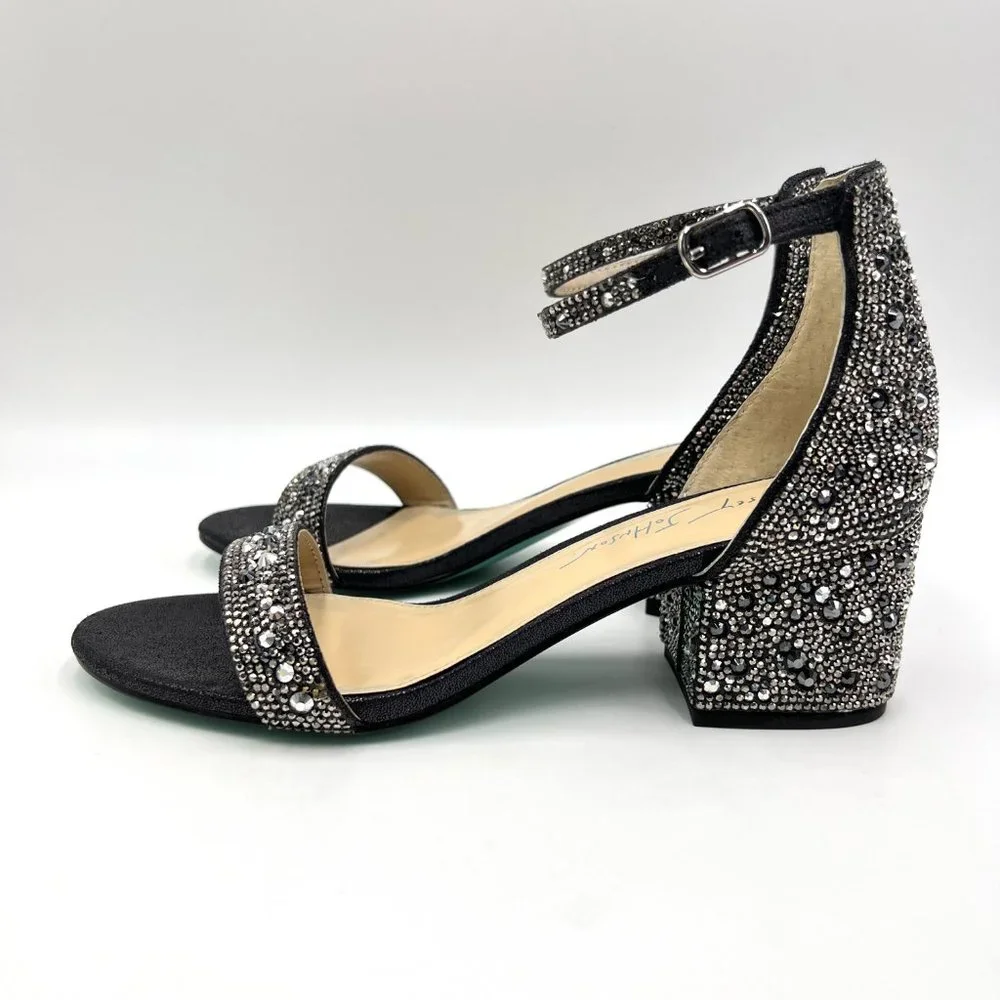 Betsey‎ Johnson Size 7.5 Mari Black Jeweled Block Heel Dress Sandals Shoes